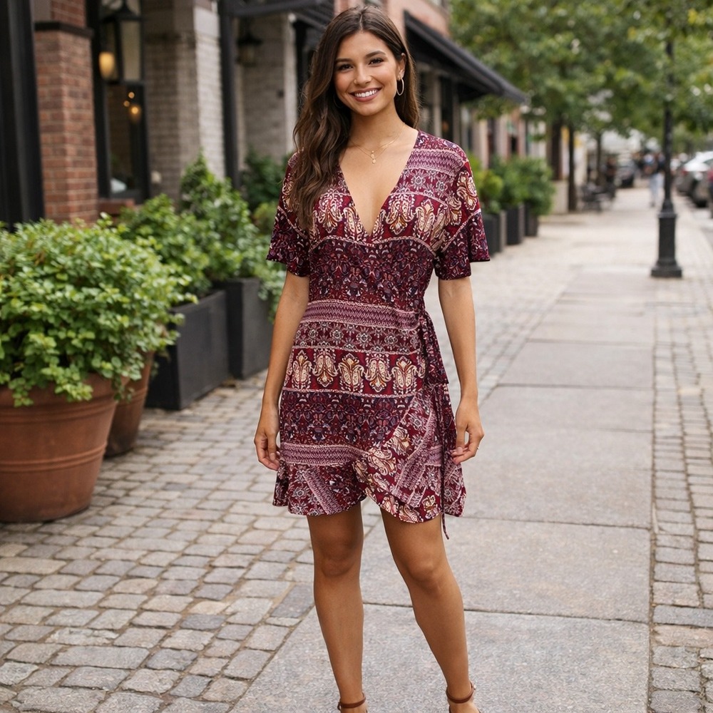 Le Salty Label Burgundy Paisley Boho Wrap Mini Dress Festival Cottagecore SZ L
